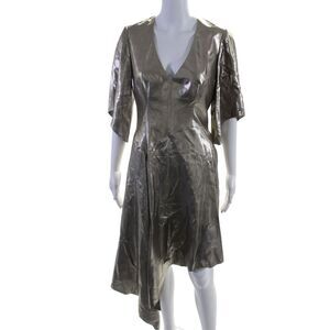 Nina Bauer Collection V-Neck Short Sleeves Asymmetrical Midi Dress Gold Size S